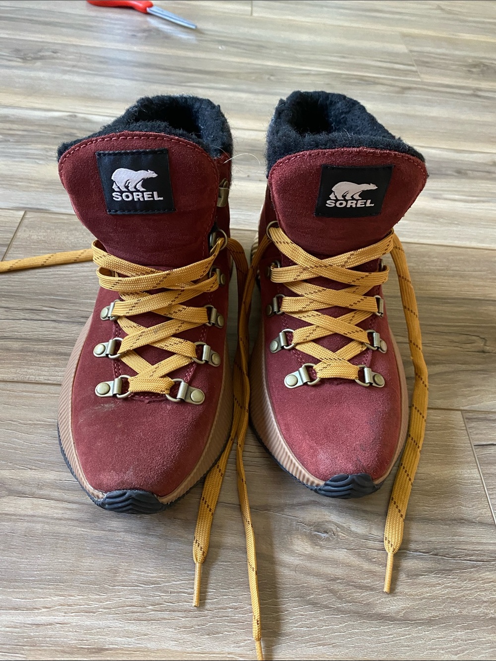Sorel women’s Burgundy Suede Hiking Boots with Yellow Laces